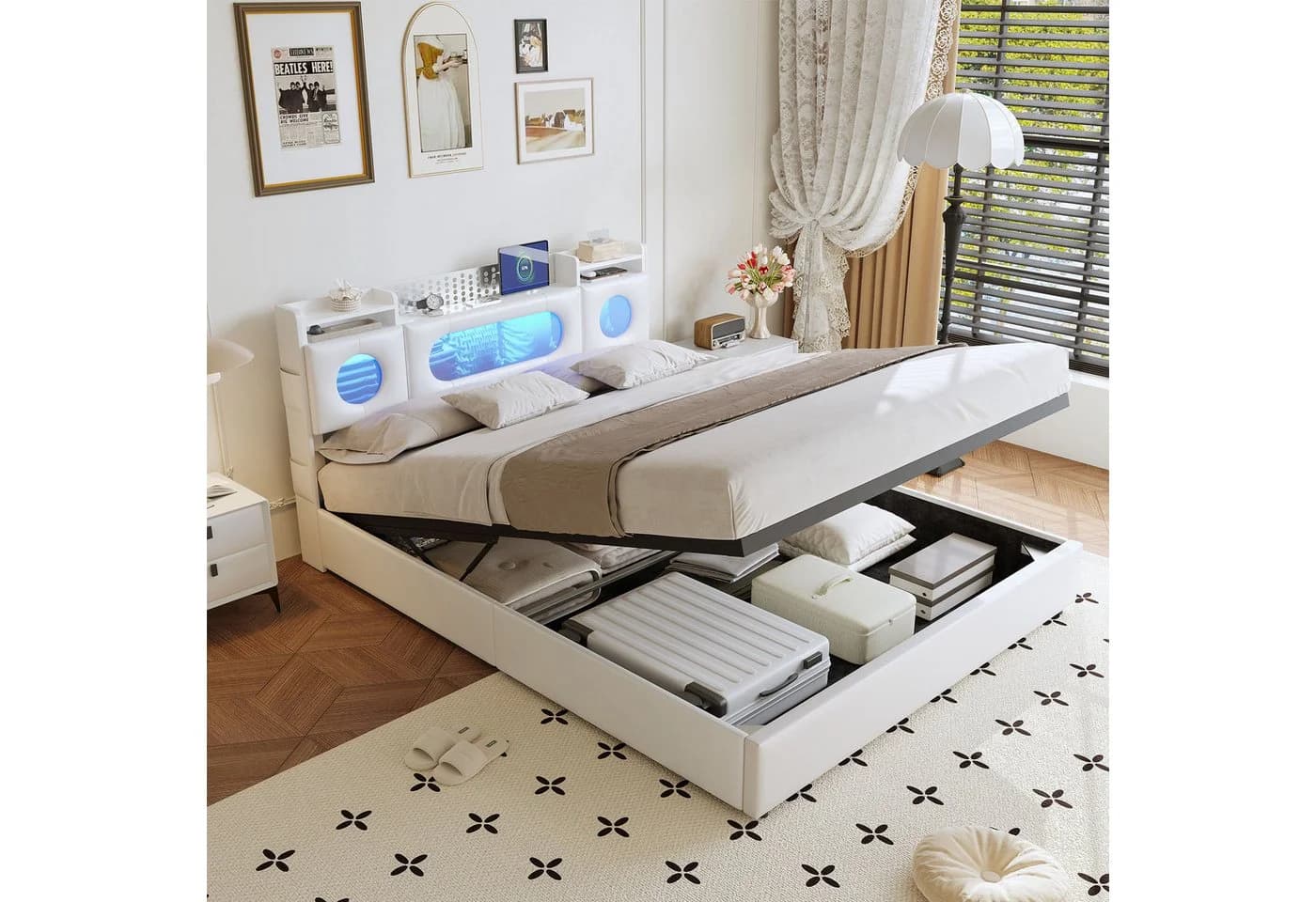Simurq Polsterbett 140x200 Schwarz mit LED, USB & Stauraum