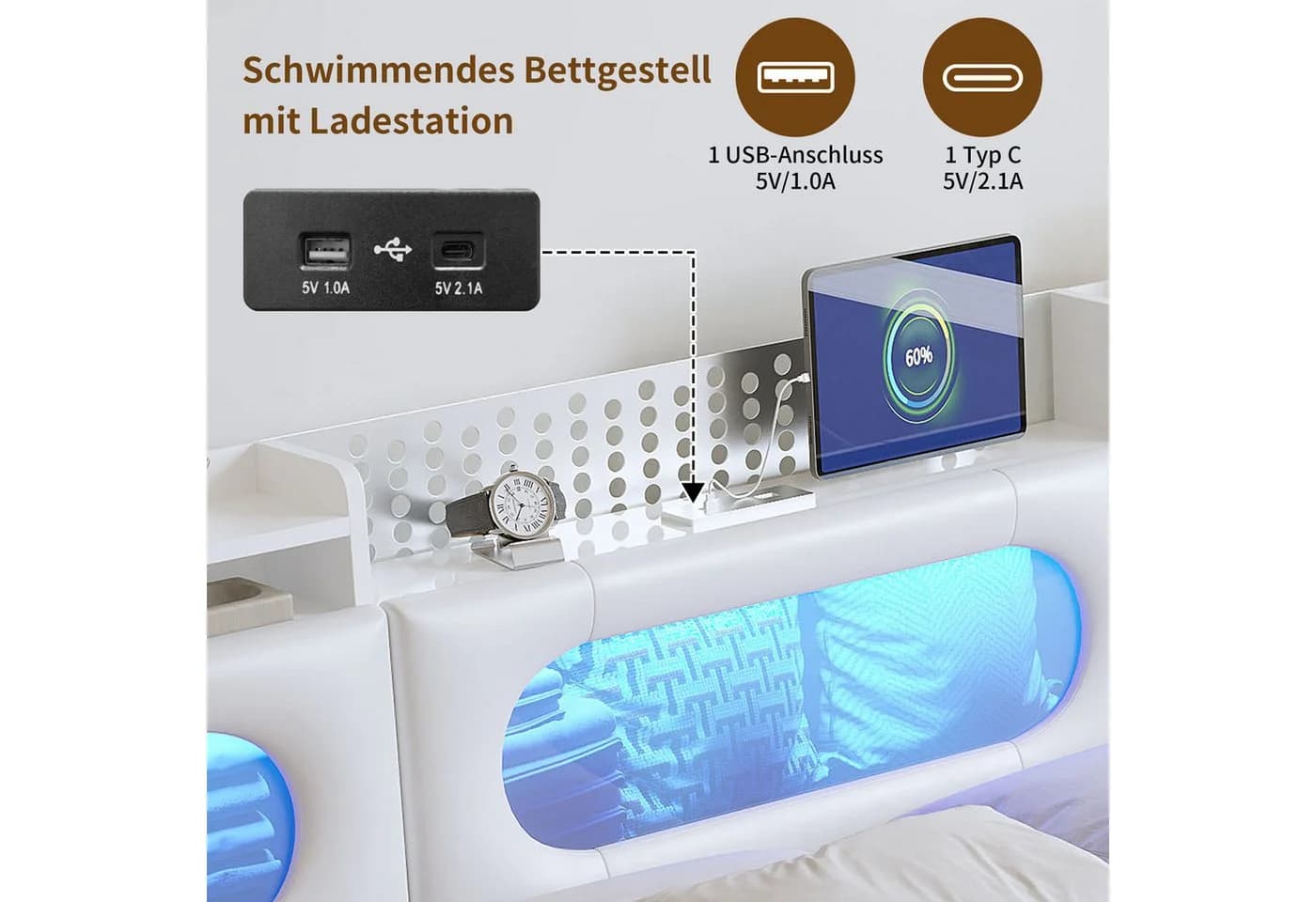 Simurq Polsterbett 140x200 Schwarz mit LED, USB & Stauraum - Bild 5
