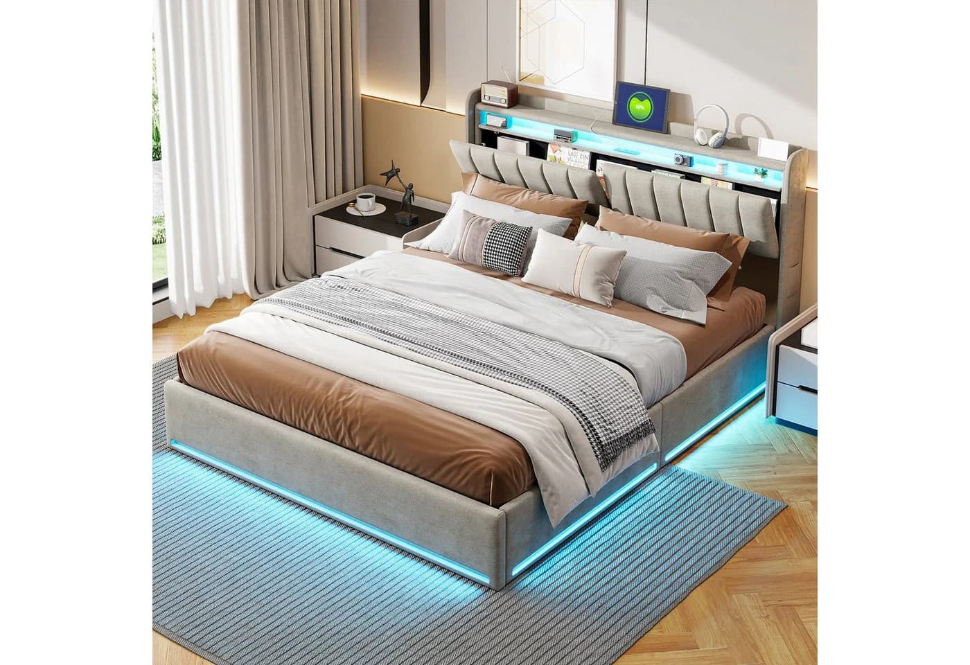 Simurq Polsterbett 140x200 mit LED, USB & Stauraum