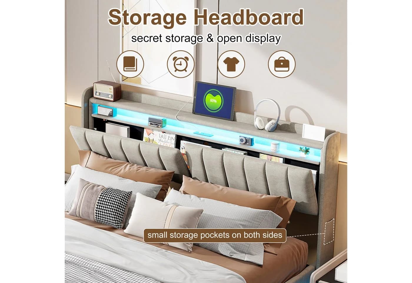 Simurq Polsterbett 140x200 mit LED, USB & Stauraum - Bild 5
