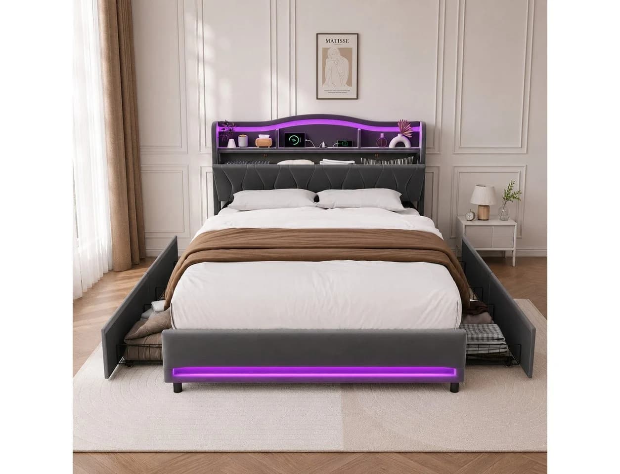 Simurq Polsterbett 140x200 mit LED, USB & 4 Schubladen