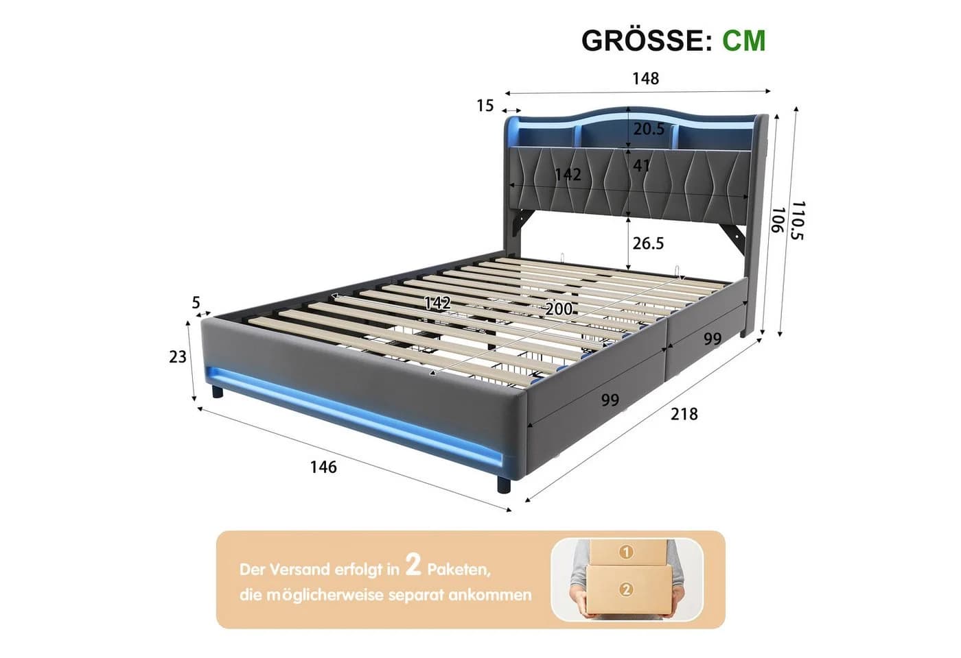 Simurq Polsterbett 140x200 mit LED, USB & 4 Schubladen - Bild 3