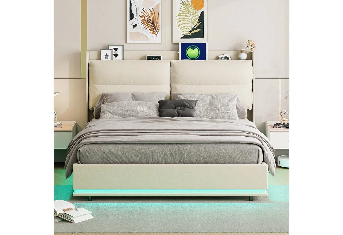 Simurq Boxspringbett 140x200 mit LED, USB & Stauraum Beige Samt