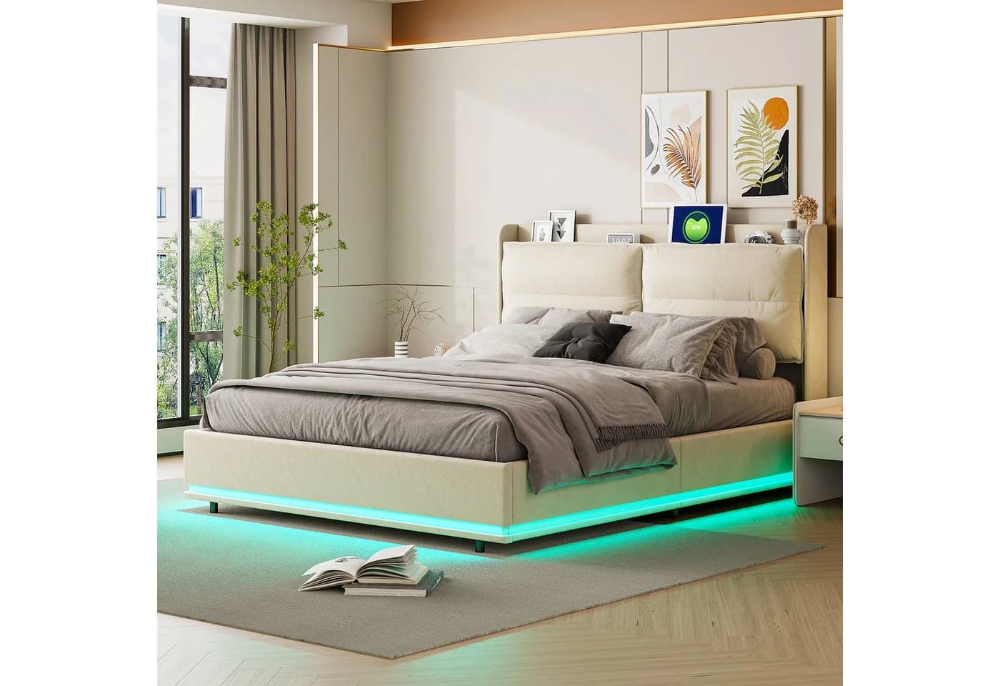 Simurq Boxspringbett 140x200 mit LED, USB & Stauraum Beige Samt - Bild 2