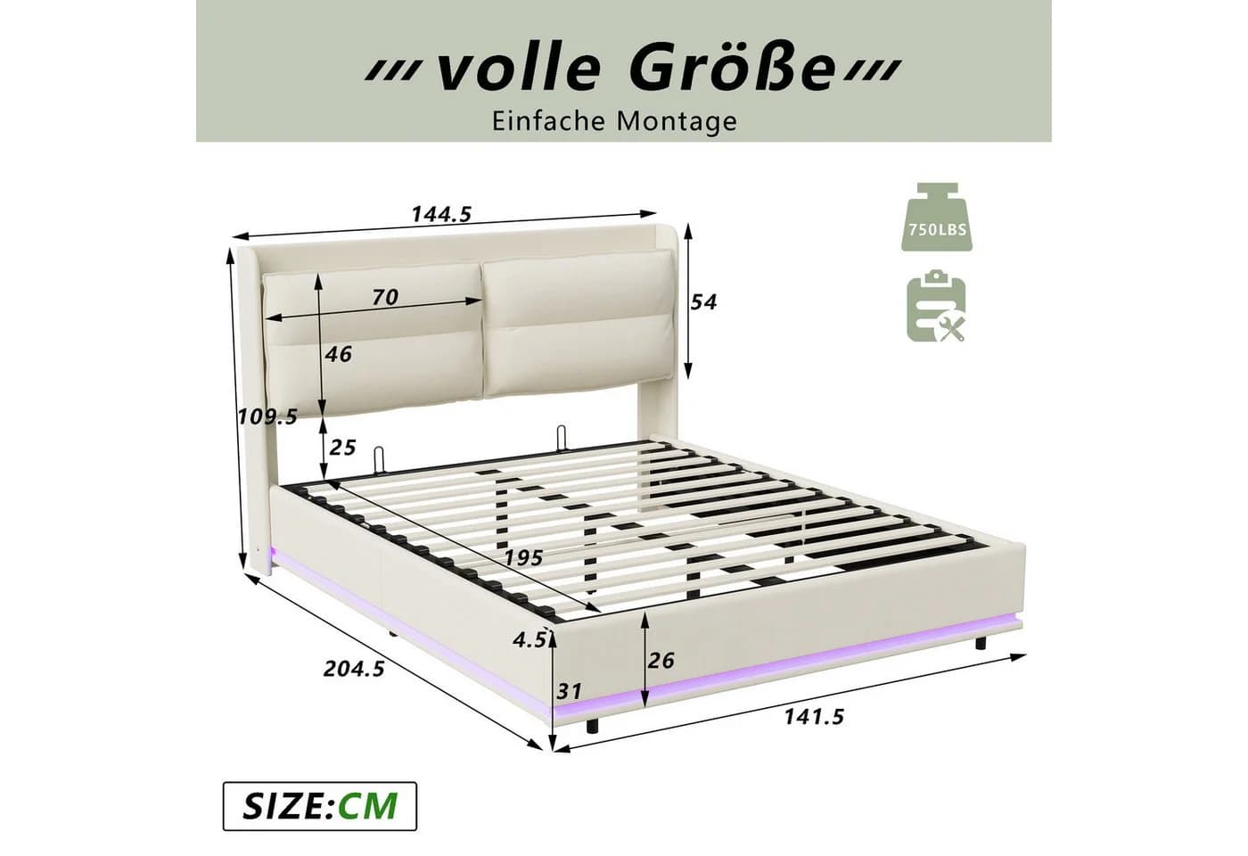 Simurq Boxspringbett 140x200 mit LED, USB & Stauraum Beige Samt - Bild 5