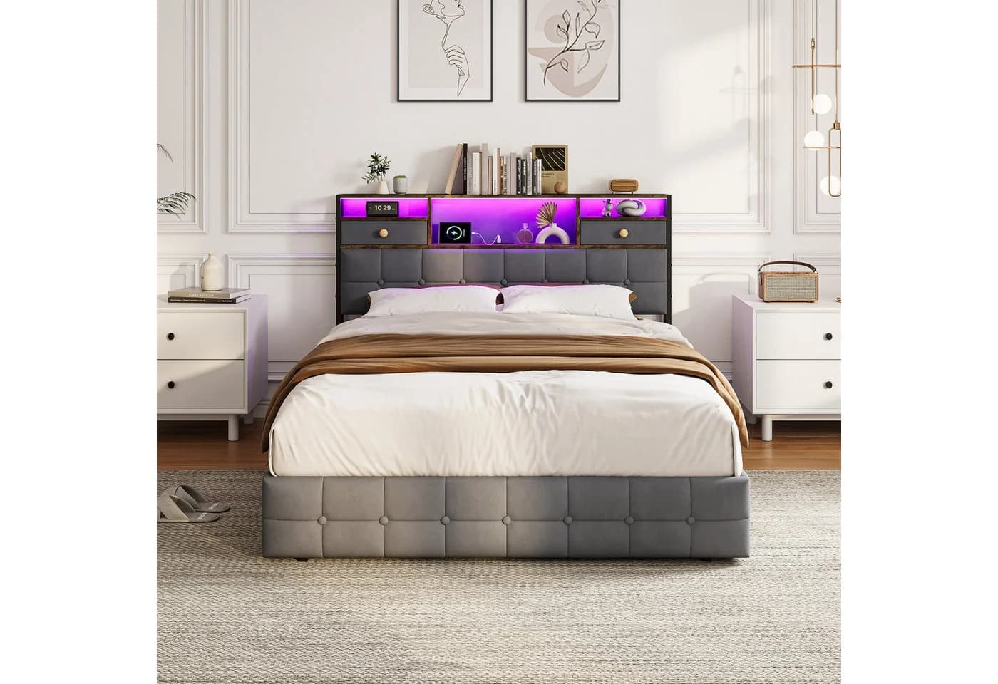 Simurq Polsterbett 140x200 mit LED, USB und Bettkasten Beige Samt