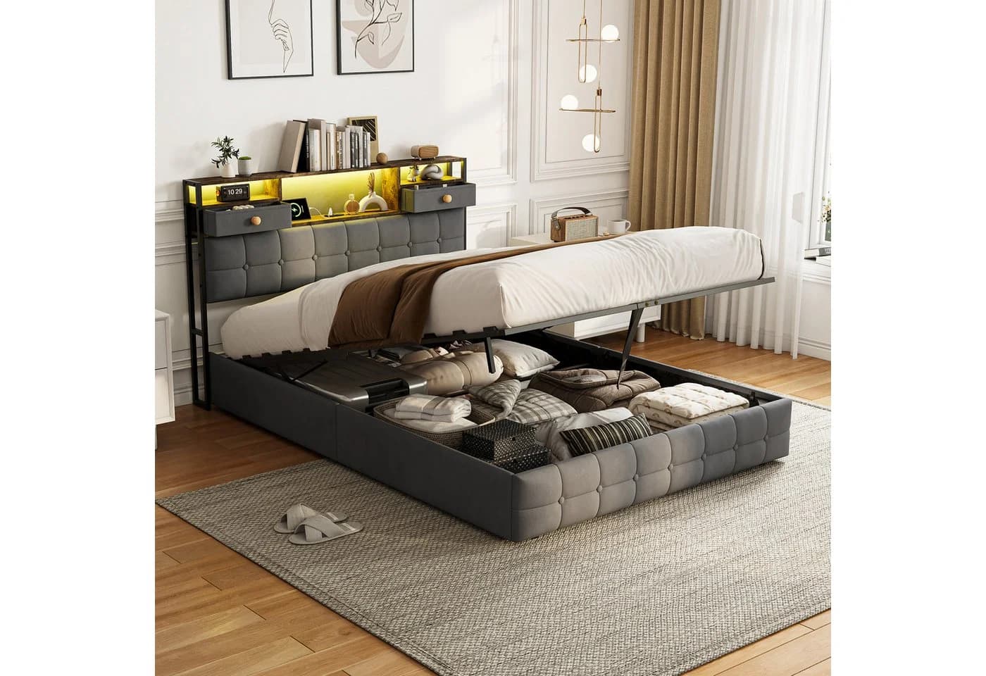 Simurq Polsterbett 140x200 mit LED, USB und Bettkasten Beige Samt - Bild 3