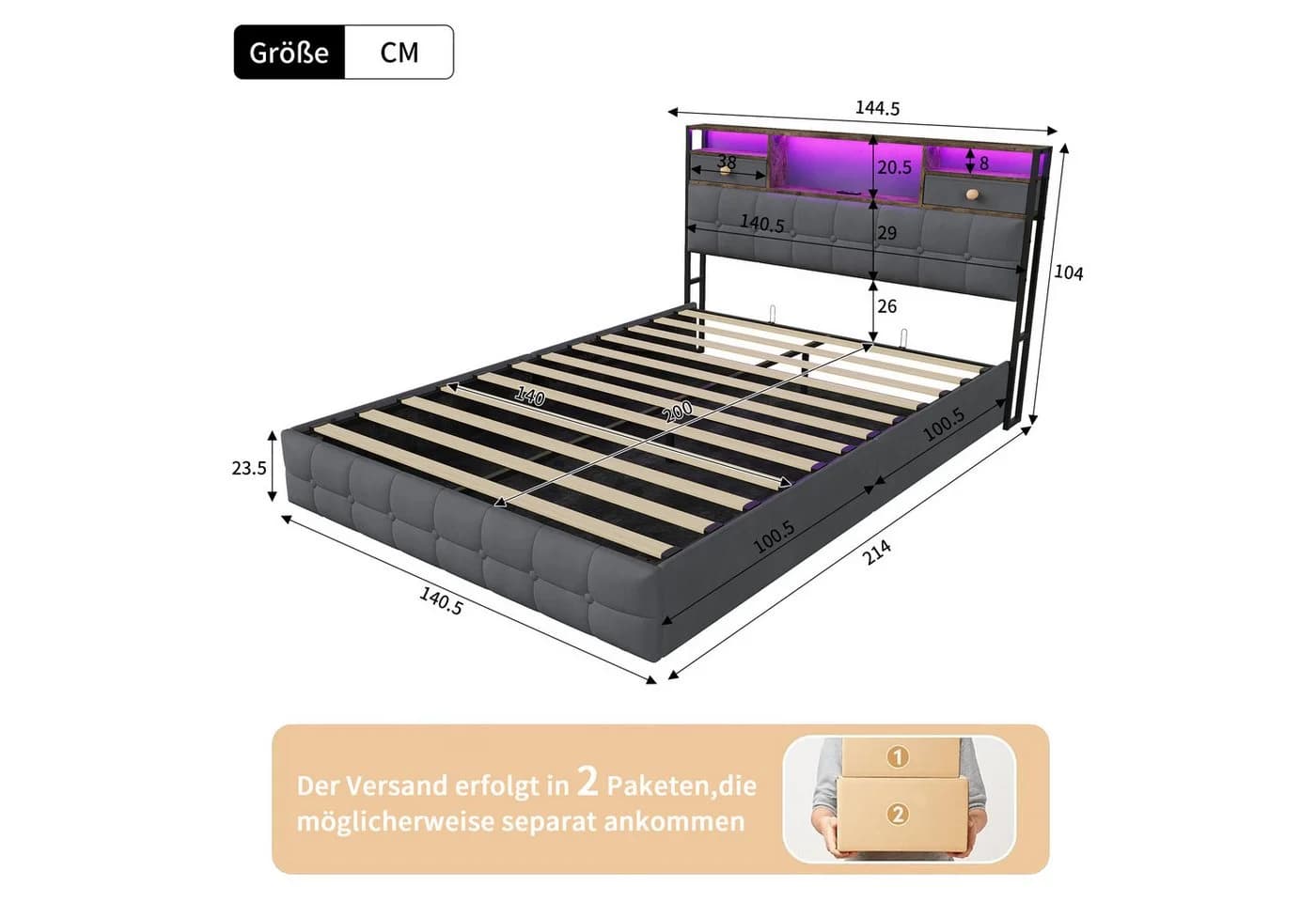 Simurq Polsterbett 140x200 mit LED, USB und Bettkasten Beige Samt - Bild 4