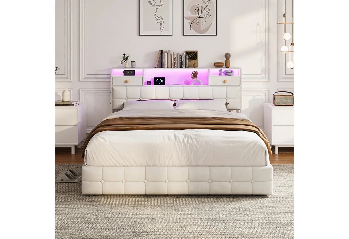 Simurq Polsterbett 140x200 beige mit LED, USB und Bettkasten