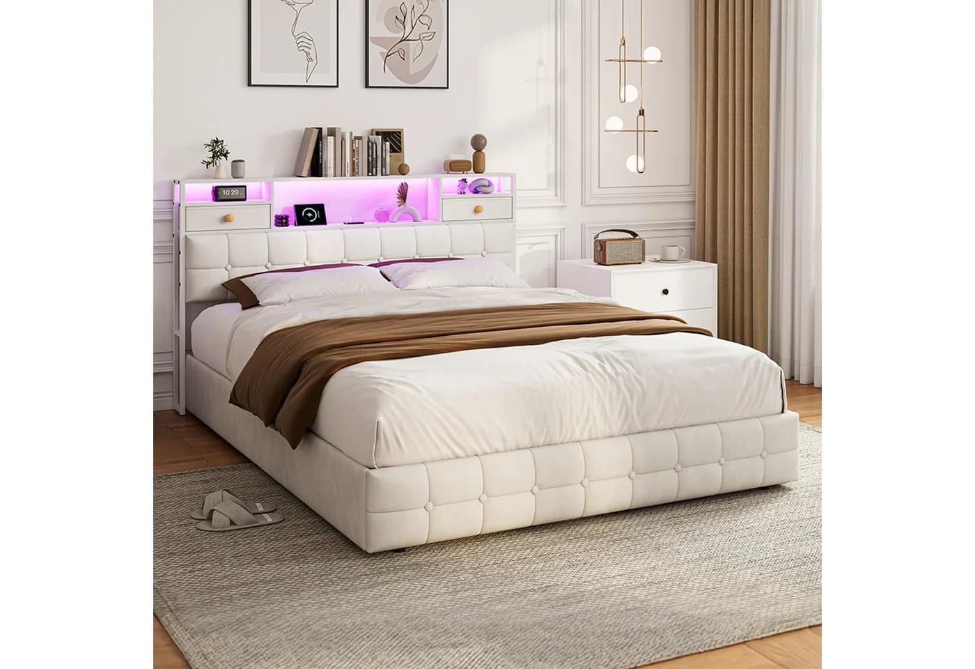 Simurq Polsterbett 140x200 beige mit LED, USB und Bettkasten - Bild 2