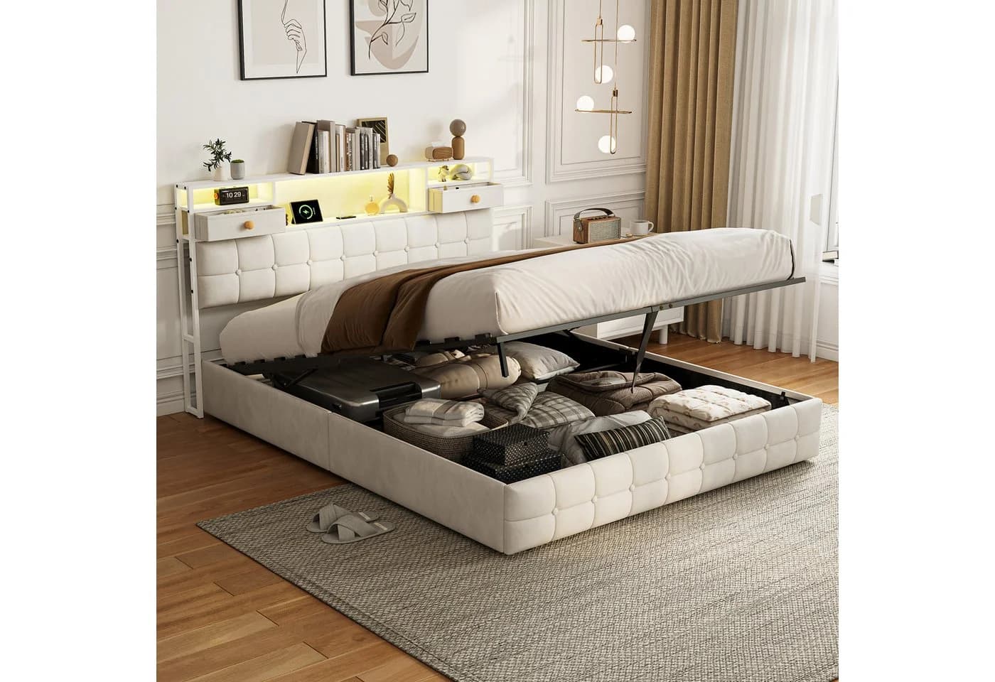 Simurq Polsterbett 140x200 beige mit LED, USB und Bettkasten - Bild 3