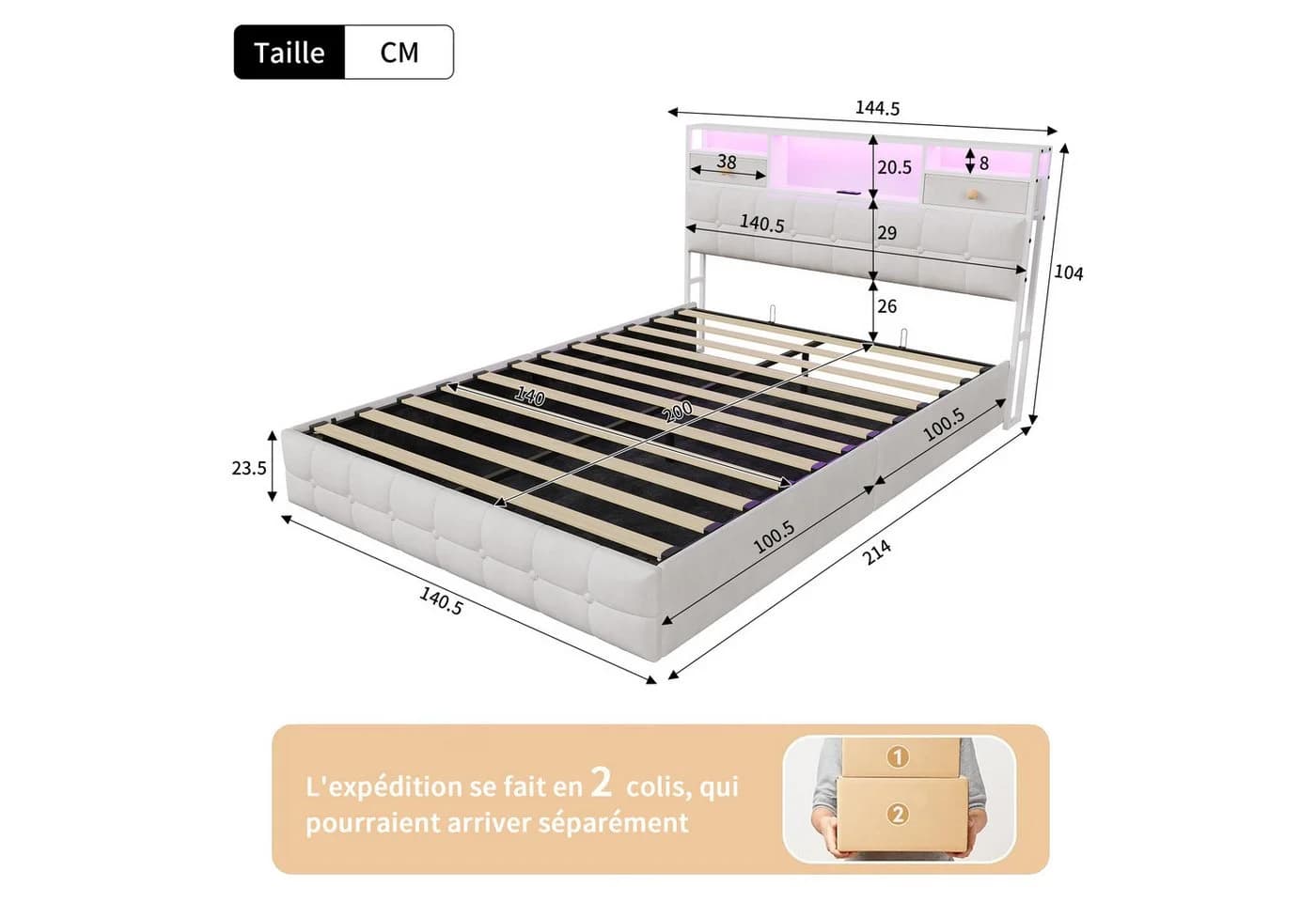 Simurq Polsterbett 140x200 beige mit LED, USB und Bettkasten - Bild 4