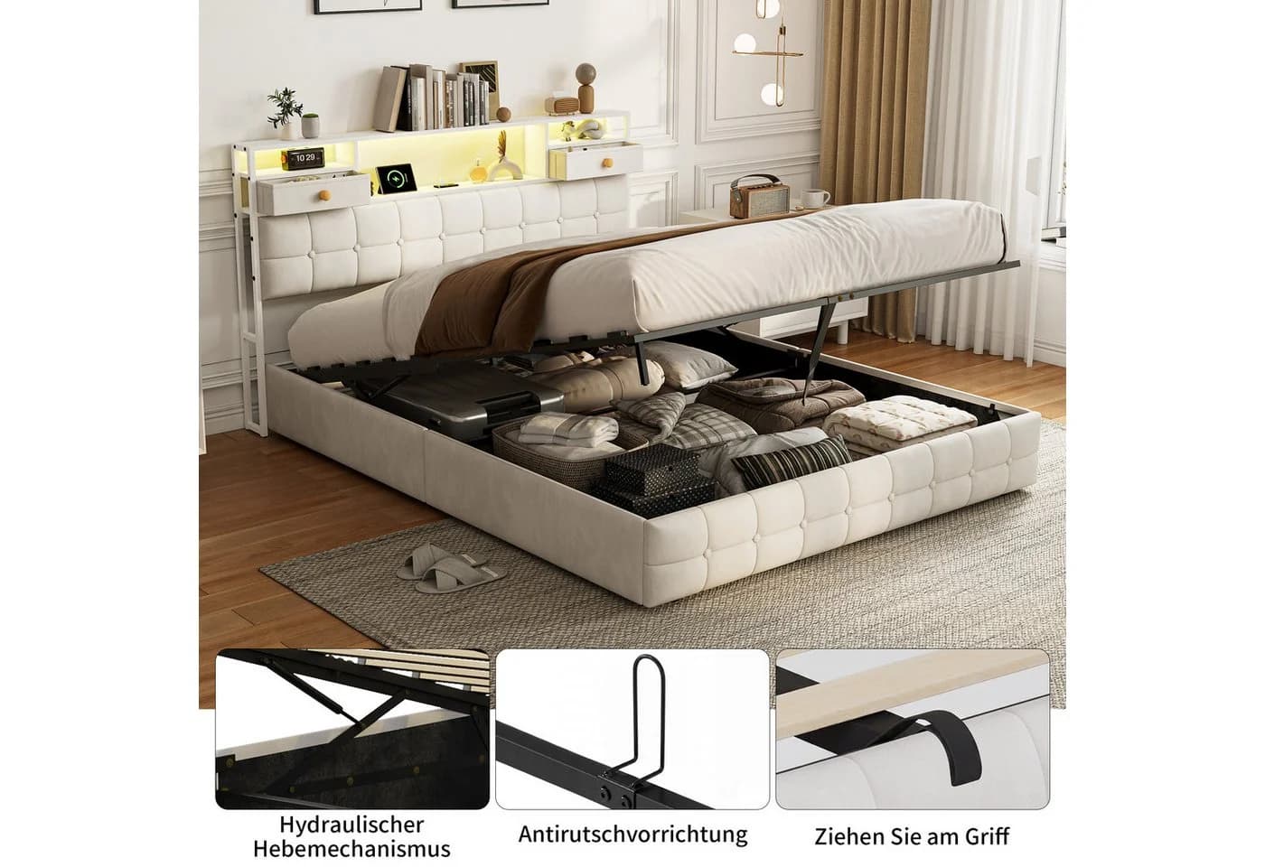 Simurq Polsterbett 140x200 beige mit LED, USB und Bettkasten - Bild 5