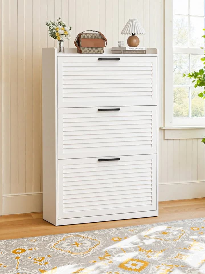 FiveWillowise Schuhschrank Schmal Weiß mit Lamellentür - Bild 4