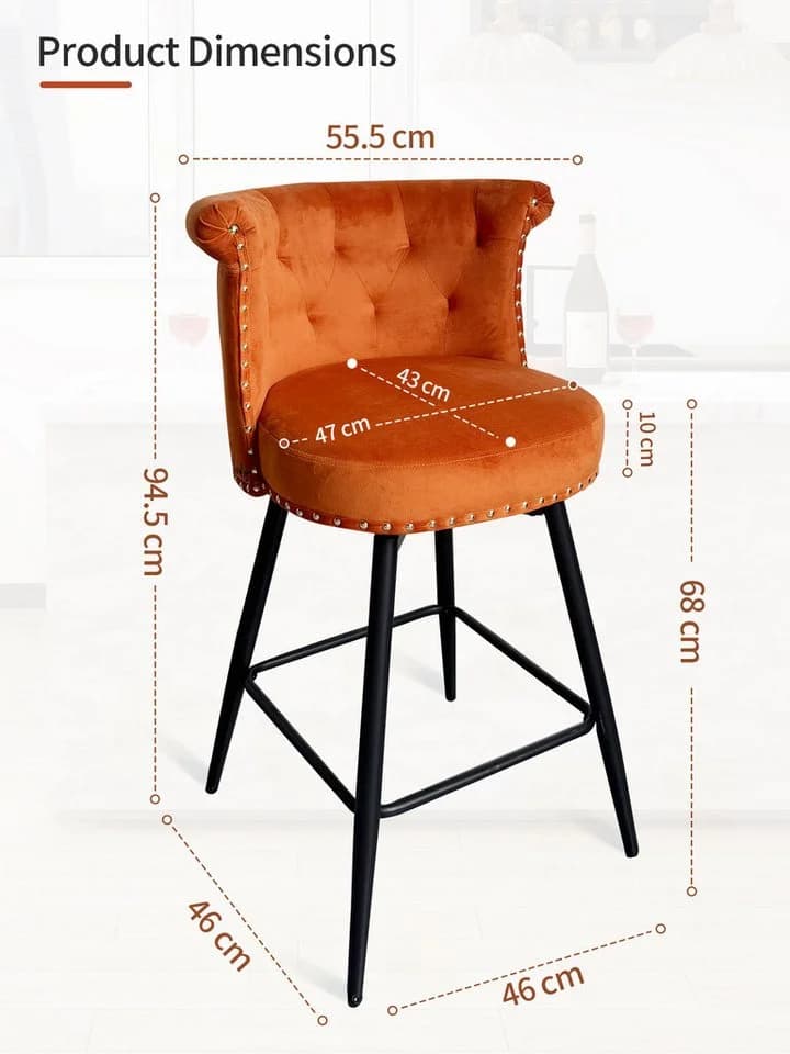 FiveWillowise Barhocker 2er Set Retro Orange Samt
