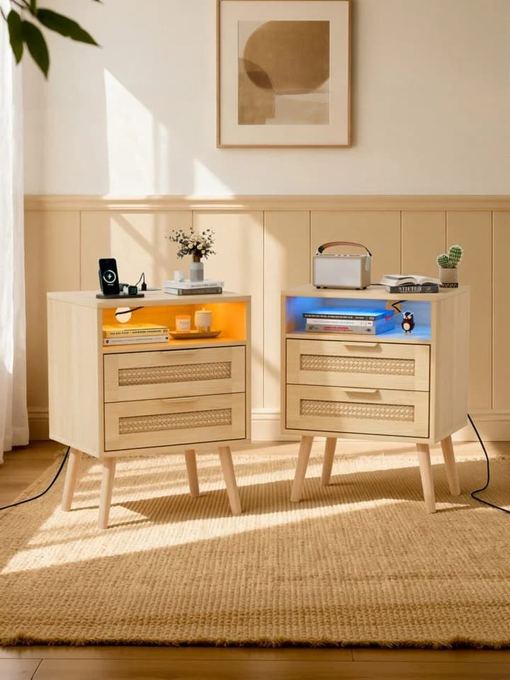 FiveWillowise Nachttisch 2er Set Rattan mit LED und Steckdosen - Bild 2