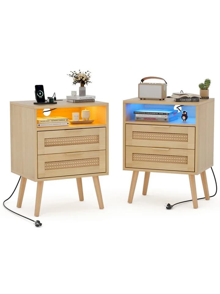 FiveWillowise Nachttisch 2er Set Rattan mit LED und Steckdosen - Bild 3