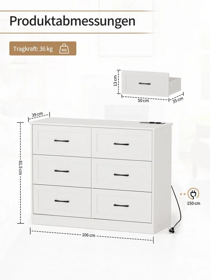 FiveWillowise Sideboard Kommode Weiß mit Steckdosen & USB