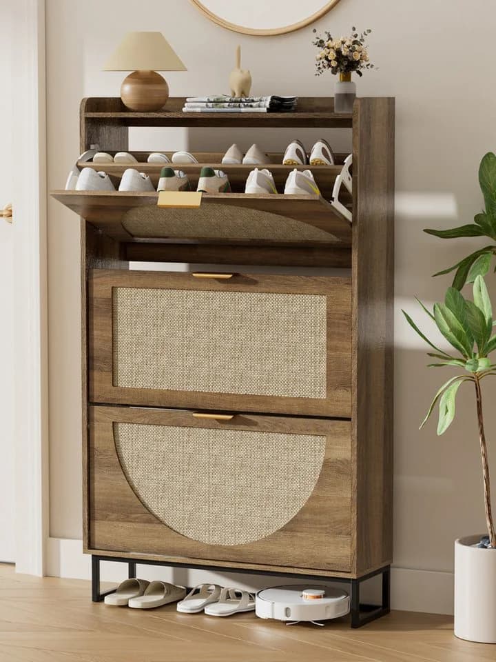 FiveWillowise Schuhschrank Schmal Braun 3 Klapptüren Rattan - Bild 2