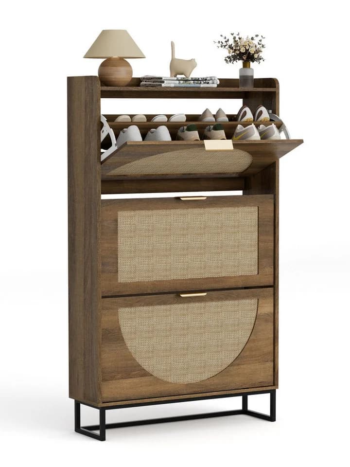 FiveWillowise Schuhschrank Schmal Braun 3 Klapptüren Rattan - Bild 3