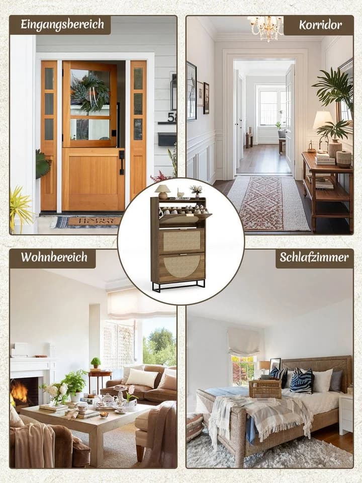 FiveWillowise Schuhschrank Schmal Braun 3 Klapptüren Rattan - Bild 4