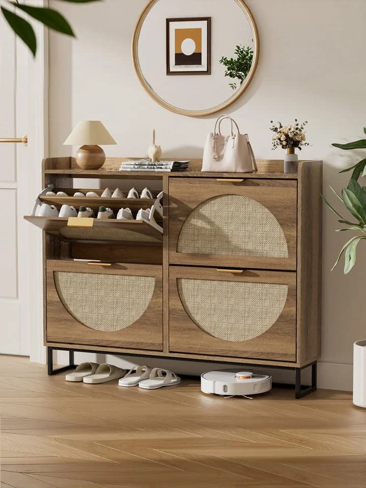 FiveWillowise Schuhschrank Schmal Braun Rattan-Optik 4 Klapptüren - Bild 2