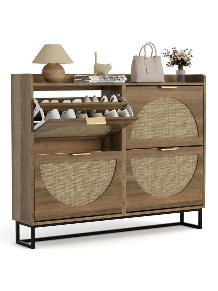 FiveWillowise Schuhschrank Schmal Braun Rattan-Optik 4 Klapptüren - Bild 3