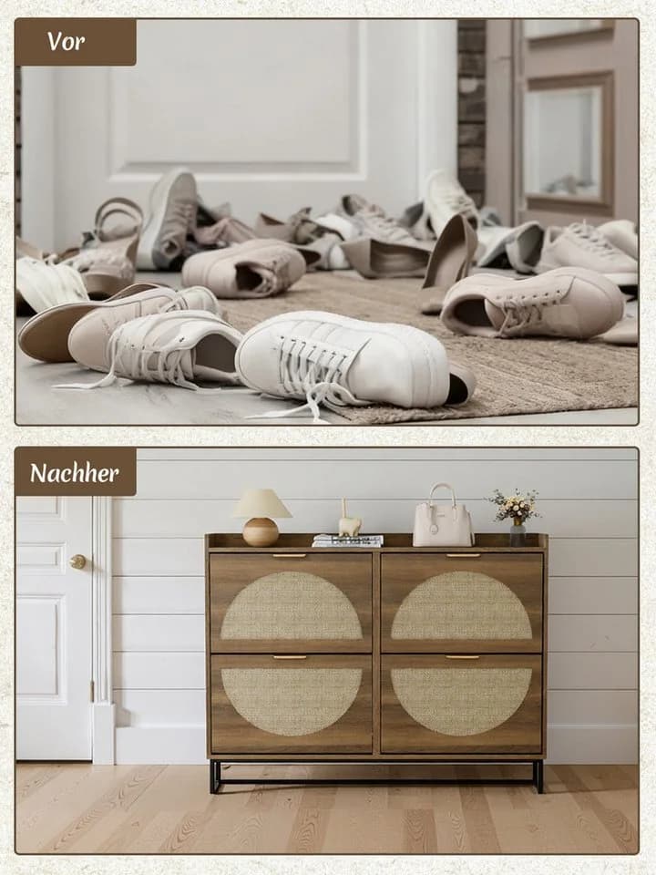 FiveWillowise Schuhschrank Schmal Braun Rattan-Optik 4 Klapptüren - Bild 4
