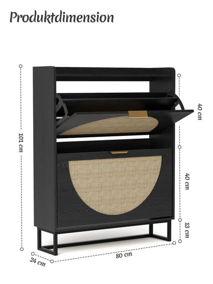 FiveWillowise Schuhschrank Schwarz mit 2 Klappen