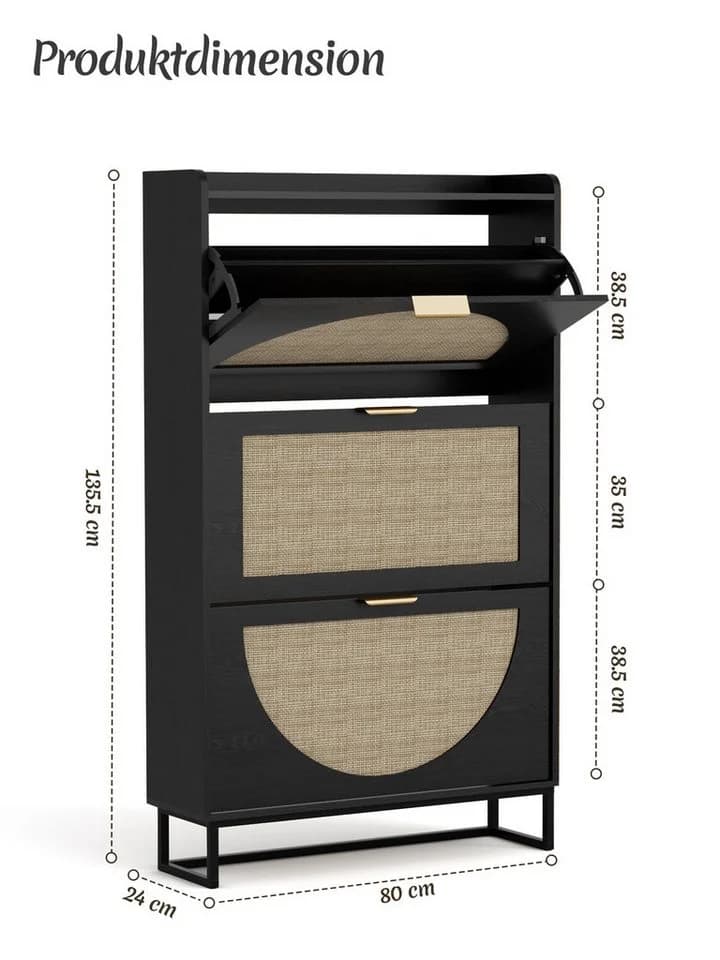 FiveWillowise Schuhschrank Schwarz mit 3 Klappen