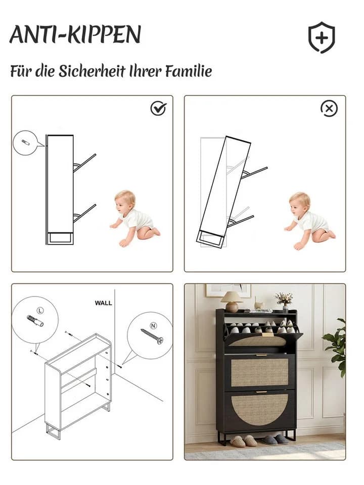 FiveWillowise Schuhschrank Schwarz mit 3 Klappen - Bild 5