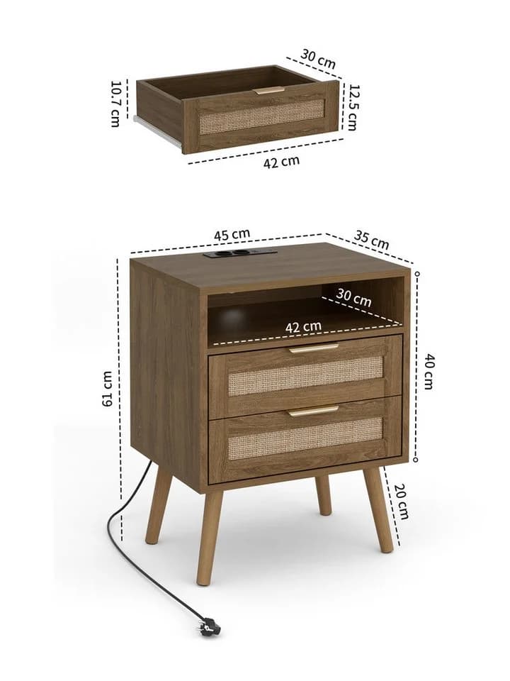 FiveWillowise Nachttisch 2er Set Braun Rattan mit LED und Steckdosen