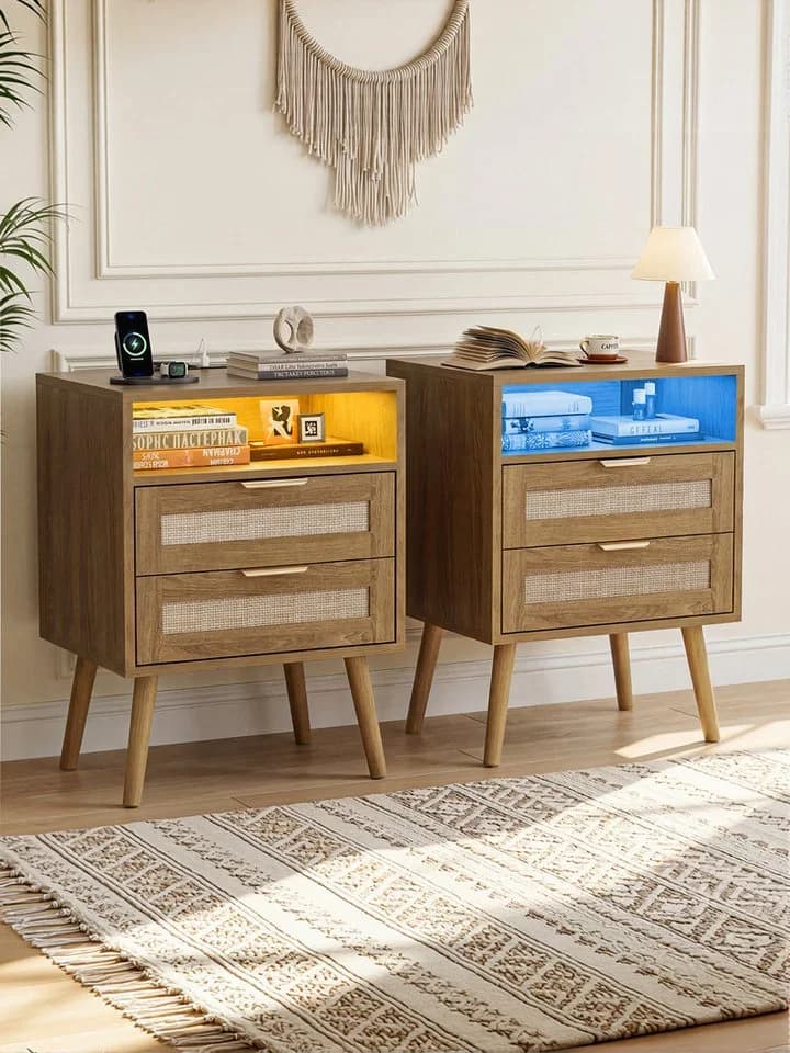 FiveWillowise Nachttisch 2er Set Braun Rattan mit LED und Steckdosen - Bild 2