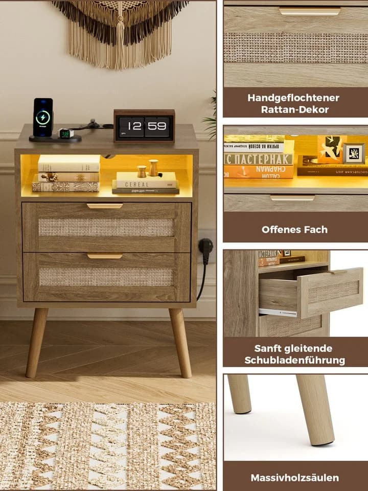 FiveWillowise Nachttisch 2er Set Braun Rattan mit LED und Steckdosen - Bild 5