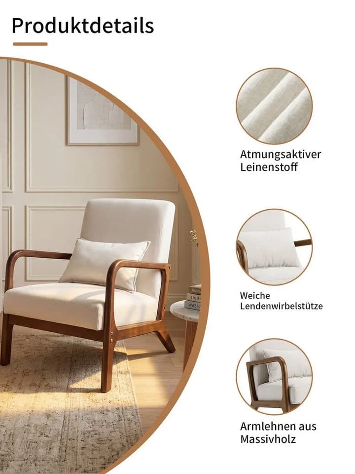 FiveWillowise Sessel mit Armlehnen Beige Massivholzrahmen Modern - Bild 4