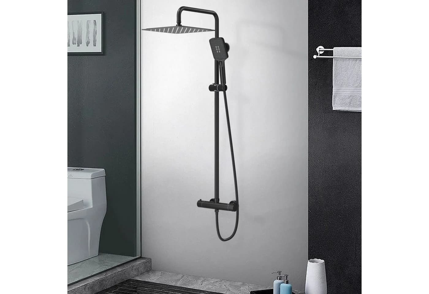 Rainsworth Duschsystem mit Thermostat Schwarz 3 Strahlarten
