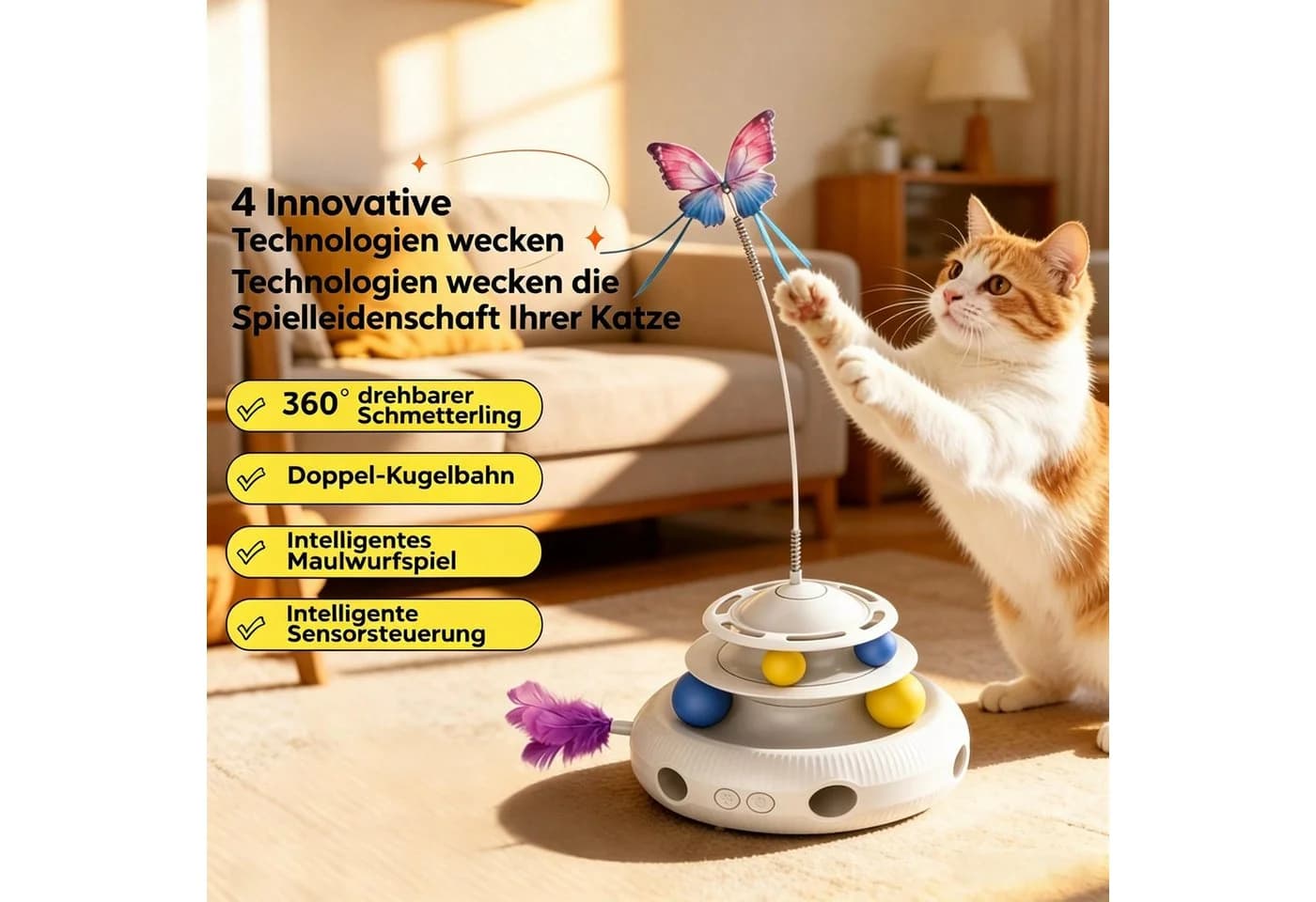 AIBISTAR Elektrisches Katzenspielzeug 360° Interaktiv mit Laufkugel und Federn - Bild 4
