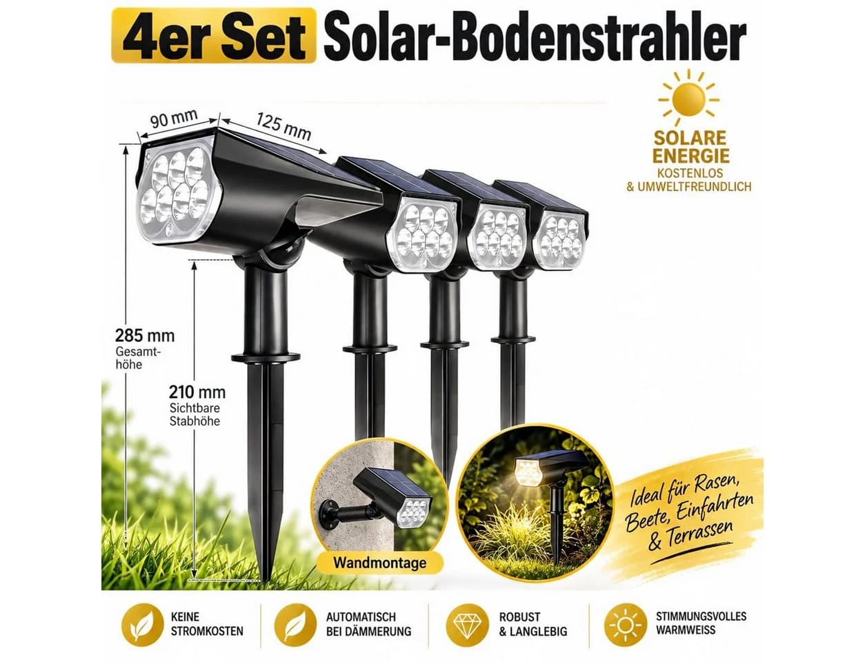 AIBISTAR Solar-Bodenstrahler 4er Set, 1200 mAh, IP65, verstellbar, Weiß