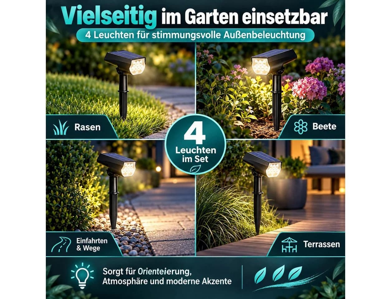 AIBISTAR Solar-Bodenstrahler 4er Set, 1200 mAh, IP65, verstellbar, Weiß - Bild 5