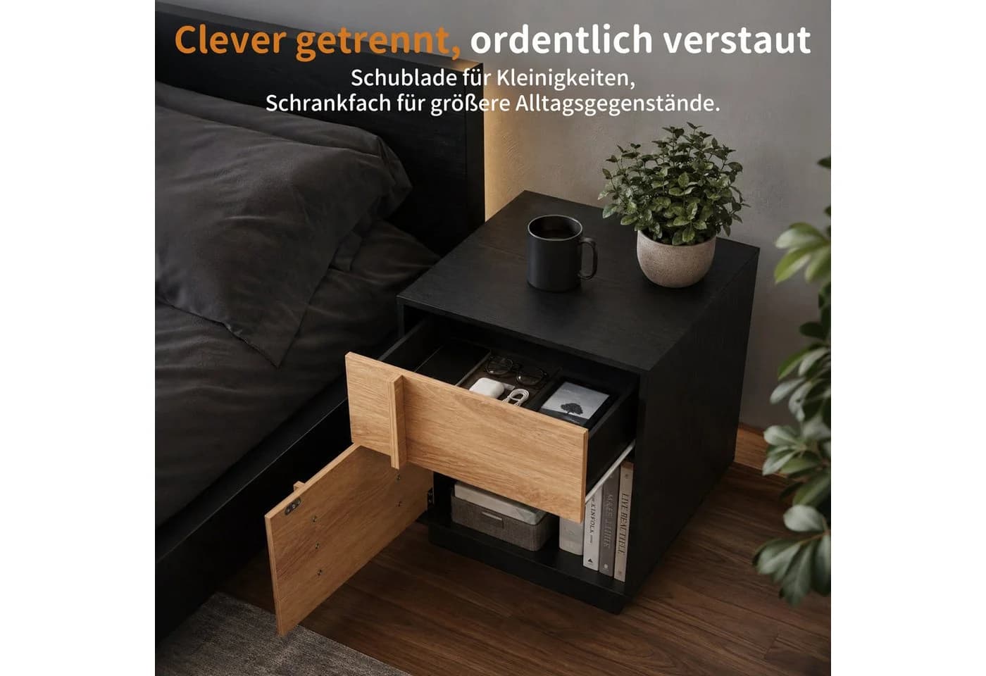 HomeGuru Nachttisch Schwarz mit 3D-Streifenoptik, Schublade & Tür - Bild 3