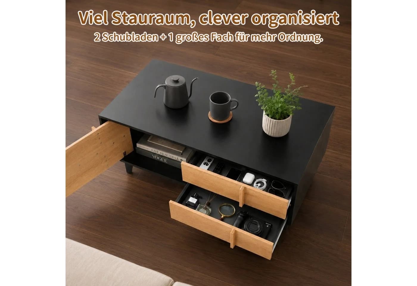 HomeGuru Couchtisch mit 3D-Streifendesign, Schubladen und Tür schwarz - Bild 3