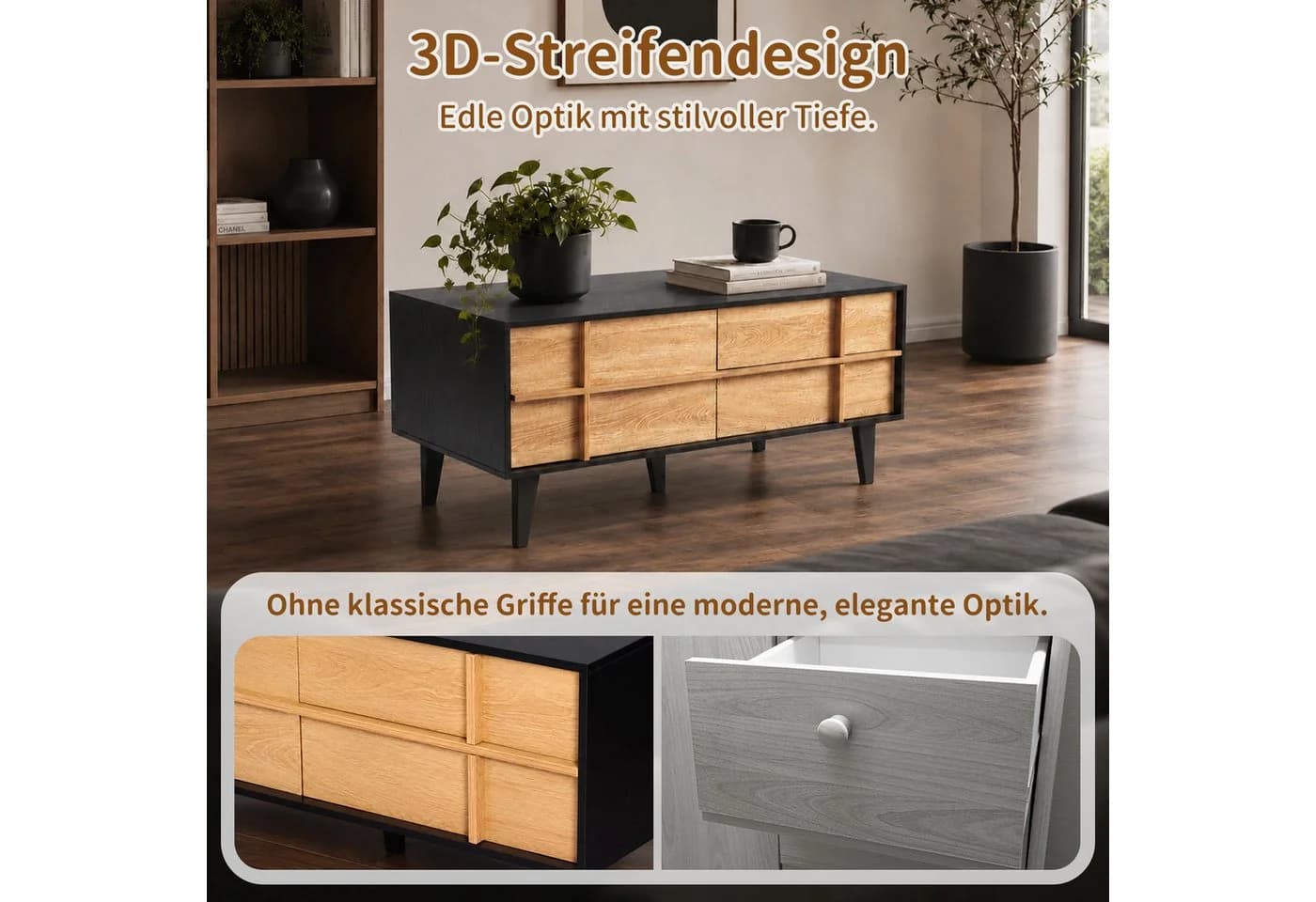 HomeGuru Couchtisch mit 3D-Streifendesign, Schubladen und Tür schwarz - Bild 4