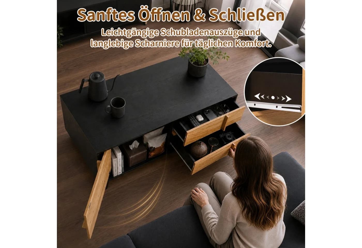 HomeGuru Couchtisch mit 3D-Streifendesign, Schubladen und Tür schwarz - Bild 5
