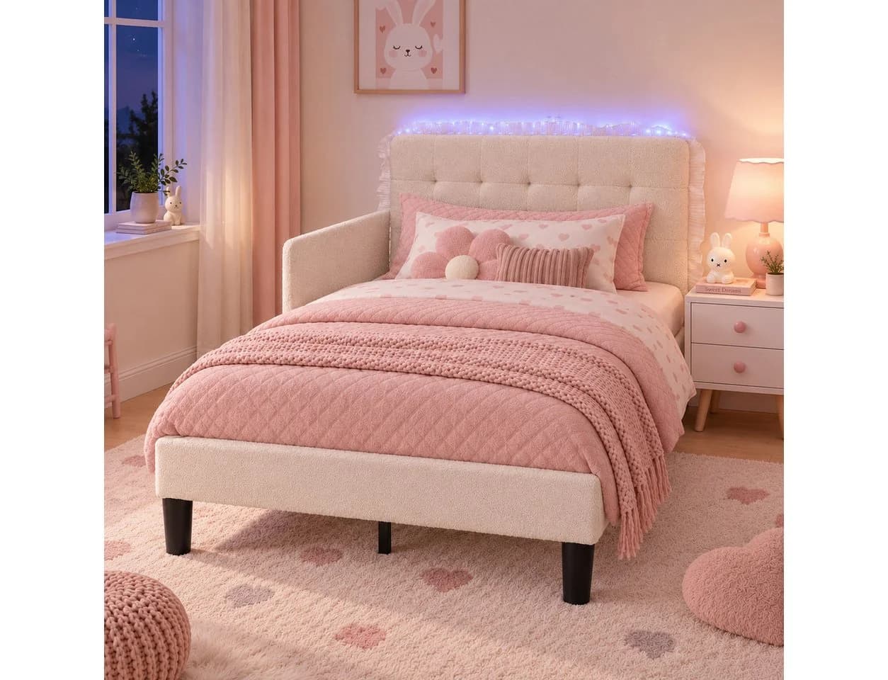 Patbrela Kinderbett mit Teddyfleece-Bezug, LED-Licht & Rausfallschutz