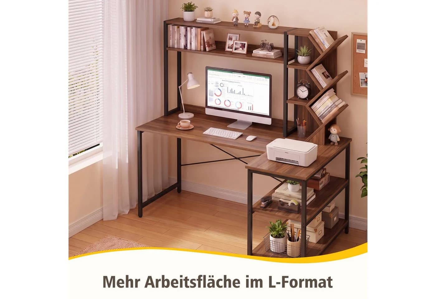 Patbrela Eckschreibtisch L-Form mit Baumregal Walnuss/Weiß - Bild 5