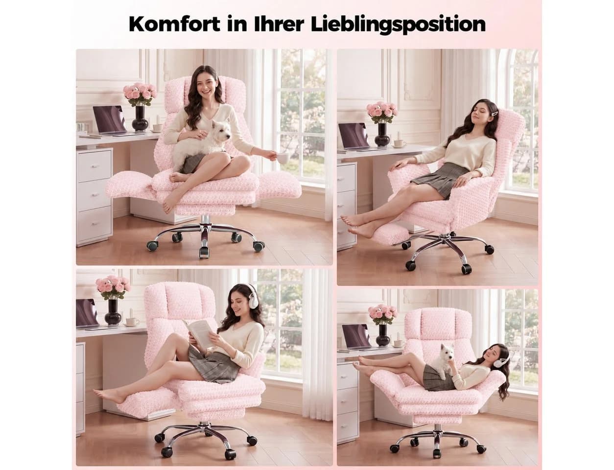 Patbrela Bürostuhl Chefsessel mit klappbaren Armlehnen rosa - Bild 3