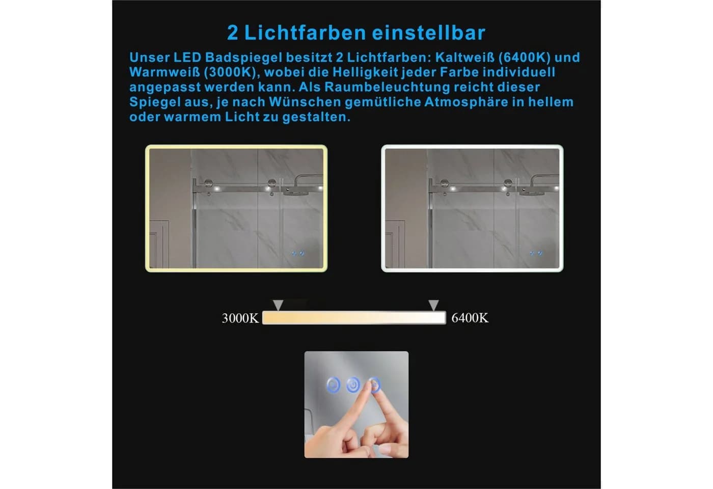 AQUABATOS LED Badspiegel mit Beleuchtung, Dimmbar, Antibeschlag, Silber - Bild 5