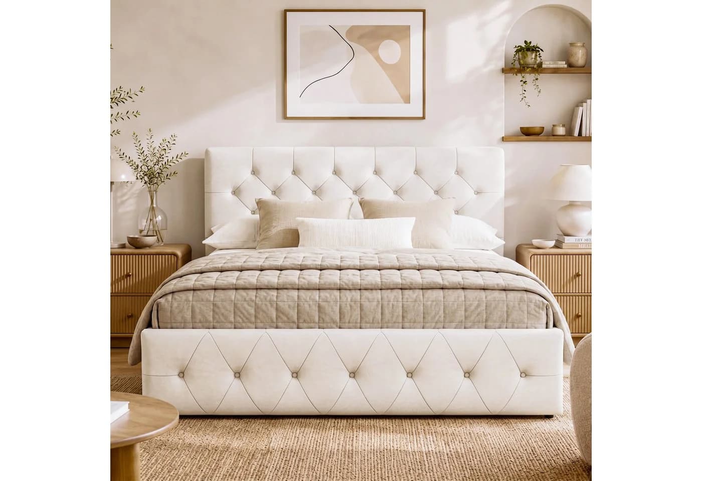 Simurq Polsterbett 140x200 cm Beige mit Bettkasten & LED