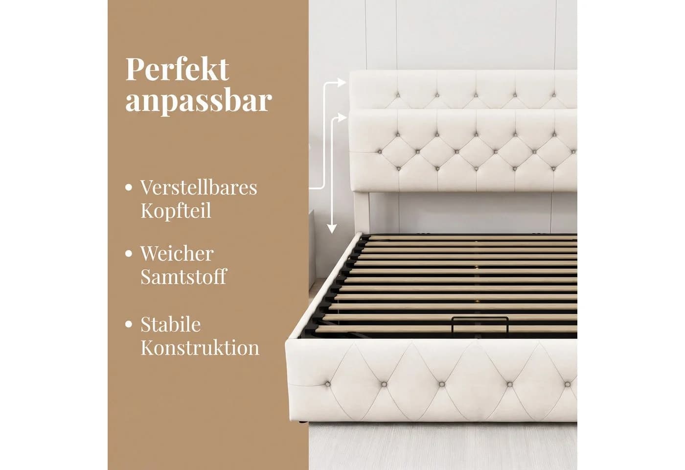 Simurq Polsterbett 140x200 cm Beige mit Bettkasten & LED - Bild 3