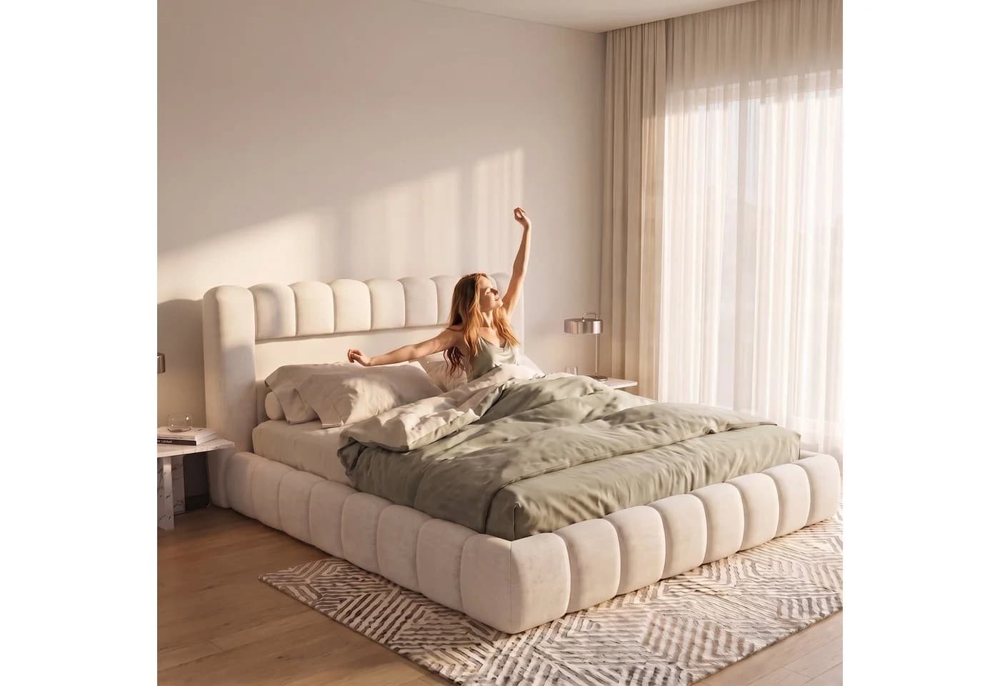 Simurq Polsterbett Doppelbett mit Bettkasten und LED Beige